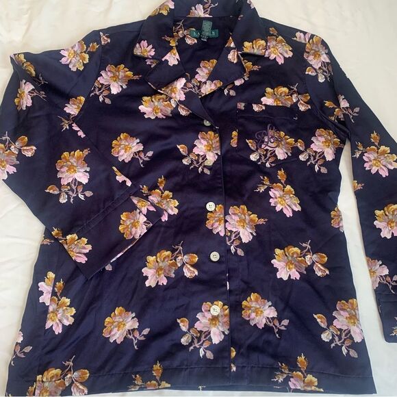 Lauren Ralph Lauren Pajama Set Sz M Satin Finish Blue with Floral Print - Picture 3 of 13